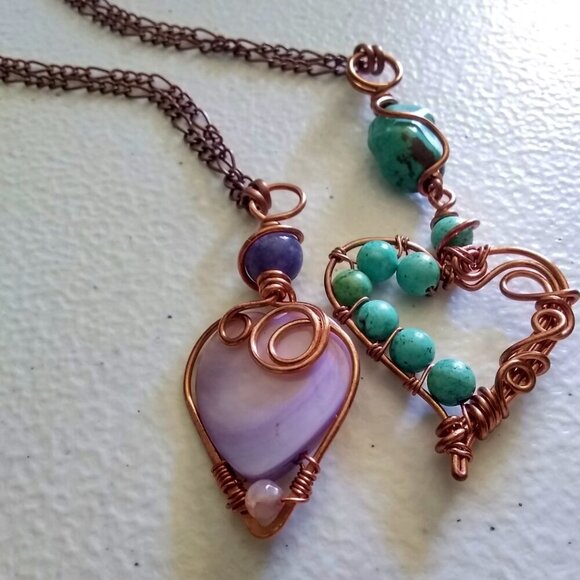 Desert Goddess Vibes! Turquoise Magnesite + Copper ~ Beaded Heart Necklace - Picture 13 of 15